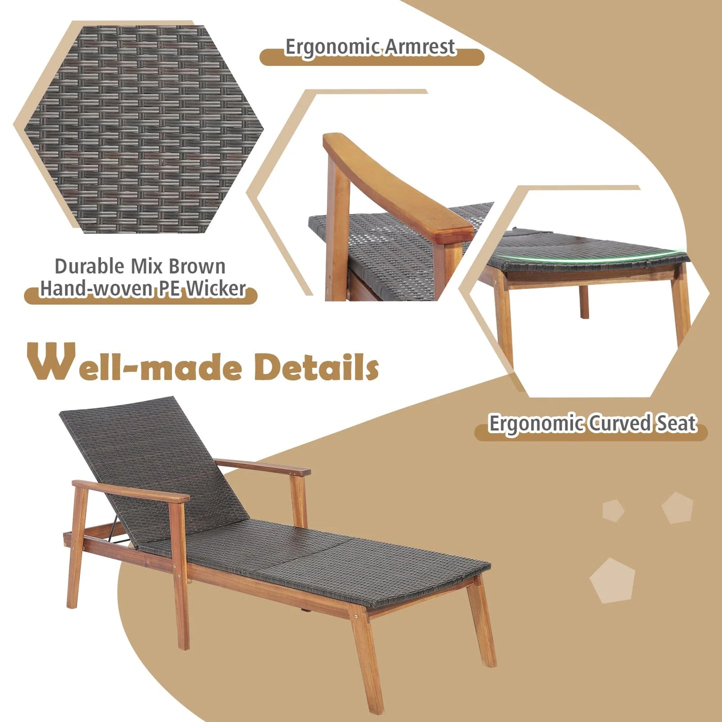 GOFLAME Patio Chaise Lounge Chair Outdoor Rattan Recliner-Mix Brown