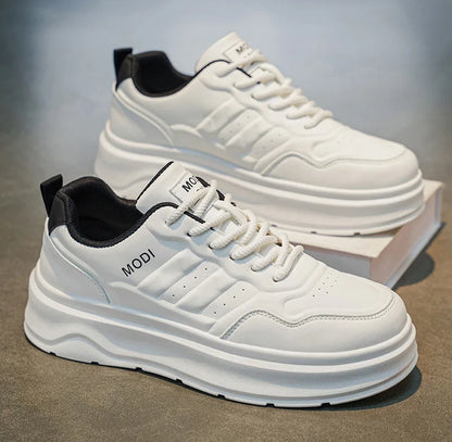2026 Summer Men's White Platform Sneakers Leather Casual Shoes Thick Sole Streetwear Trendy Footwear