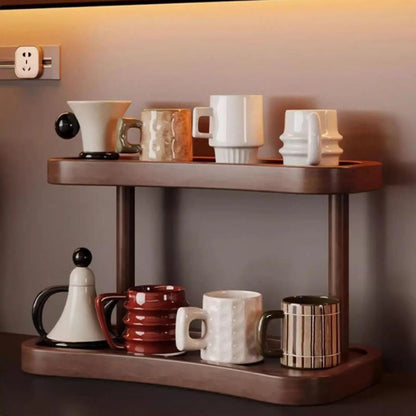 2-layer Desktop Shelf For Makeup 2-Tier Mug Holders Tabletop Tea Set Holder Wooden Perfume Display Organizer Storage Rack
