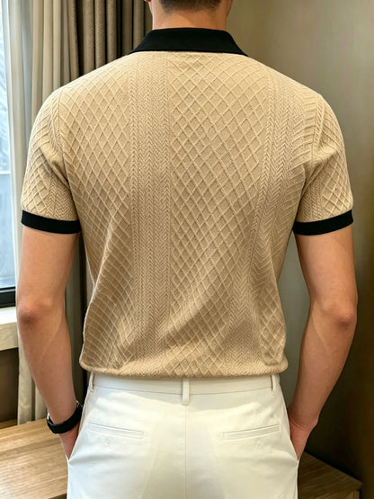 Men's Mature Business Contrast Collar Diamond Jacquard Short Sleeve Polo, Ribbed Collar, 2-Button Placket for Office Commute & B