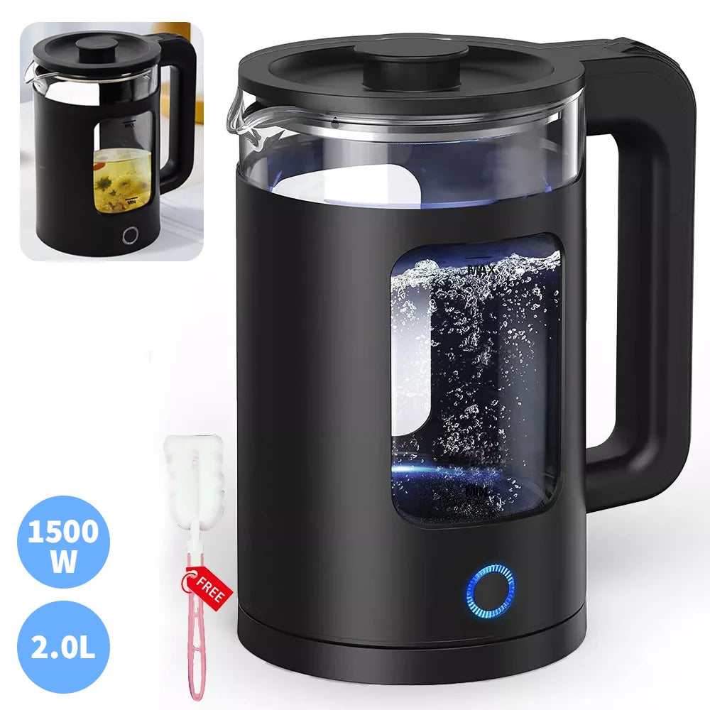 2L Electric Glass Kettle Fast Boiling Function Illuminated Blue LED Quiet Boiling Water Heater for Kitchen