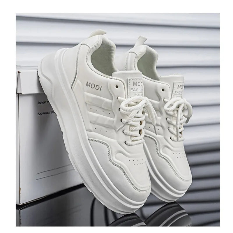 2026 Summer Men's White Platform Sneakers Leather Casual Shoes Thick Sole Streetwear Trendy Footwear