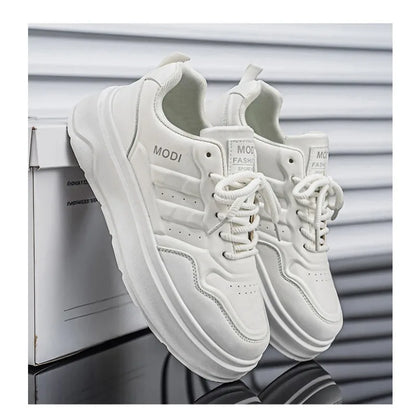 2026 Summer Men's White Platform Sneakers Leather Casual Shoes Thick Sole Streetwear Trendy Footwear