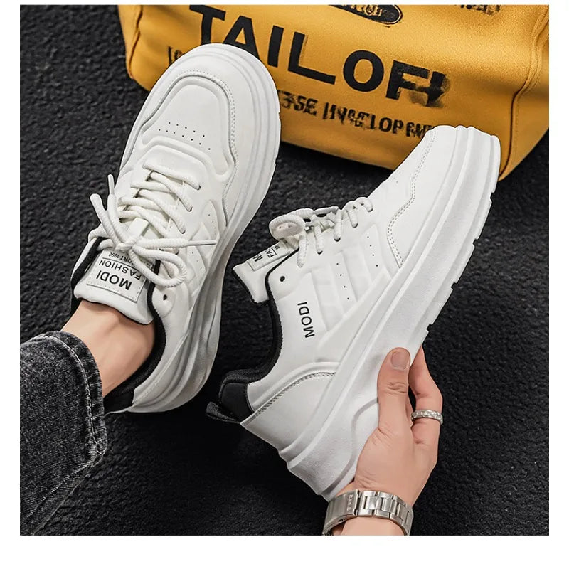 2026 Summer Men's White Platform Sneakers Leather Casual Shoes Thick Sole Streetwear Trendy Footwear