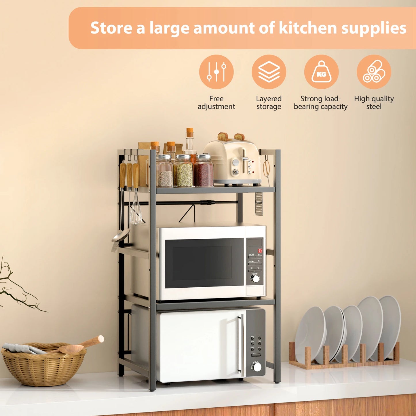 Expandable Microwave Shelf, 1 or 2 Tier Microwave oven Rack Stand Storage Holder Kitchen Corner Shelf Desktop Printer Shelf Rack