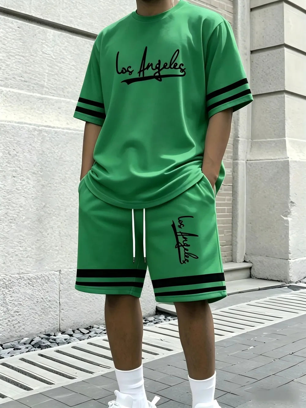 New Men's Summer Gothic Letter Printed Comfortable Breathable Round Neck T-shirt Drawstring Shorts Set Outdoor Casual Wear
