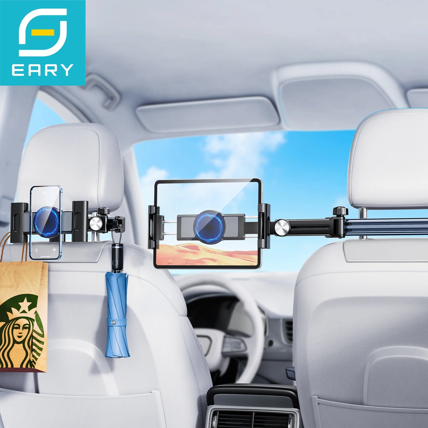 Eary Car Headrest Tablet Holder Mount Back Seat With 360°Rotate Phone Stand 2 Hooks Trip Essentials for Kids for 4.7-12.9 Inch