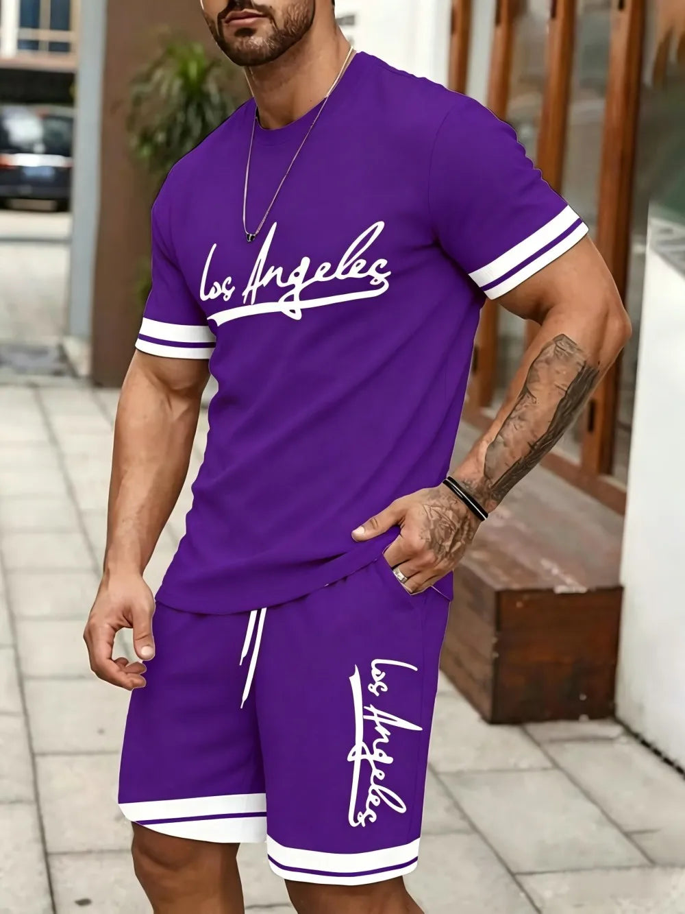 New Men's Summer Gothic Letter Printed Comfortable Breathable Round Neck T-shirt Drawstring Shorts Set Outdoor Casual Wear