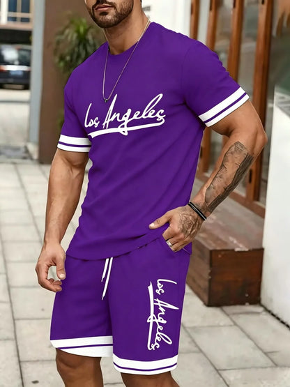 New Men's Summer Gothic Letter Printed Comfortable Breathable Round Neck T-shirt Drawstring Shorts Set Outdoor Casual Wear