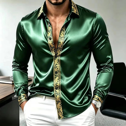 Men's Luxury Satin Silk Long Sleeved Shirt with Gold Baroque Print, Slim Fit, Business Casual, Comfortable Party Shirt