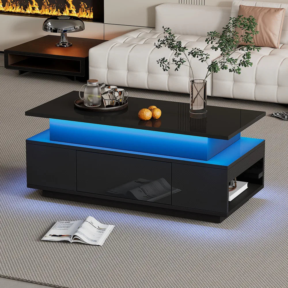 Lift-Top Coffee Table, Highgloss Centre Table with 1 drawers & LED lights, Hidden storage space, Tea Table,96*45*40m, black