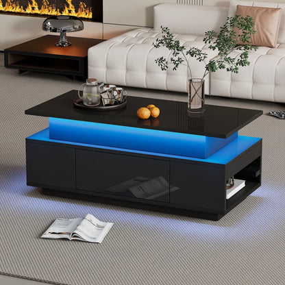 Lift-Top Coffee Table, Highgloss Centre Table with 1 drawers & LED lights, Hidden storage space, Tea Table,96*45*40m, black