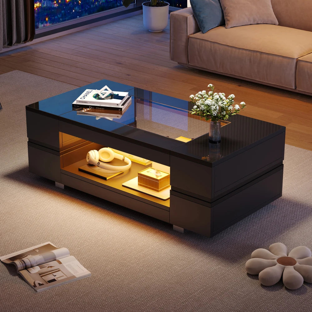 100cm Black LED Coffee Table APP Adjustable RGB Lights Tempered High Gloss Glass Top MDF Frame Storage Cutout Table 30KG Load for Living Room Home Party