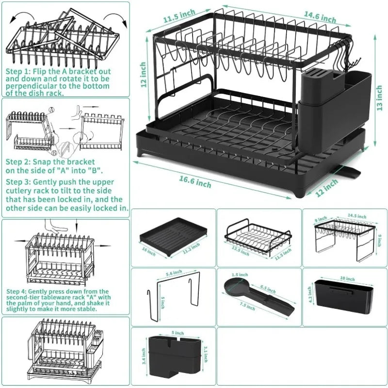Kitchen countertop 2-tier dish drying rack, kitchen countertop dish drainer with drip tray, metal kitchen dish rack with drip tr