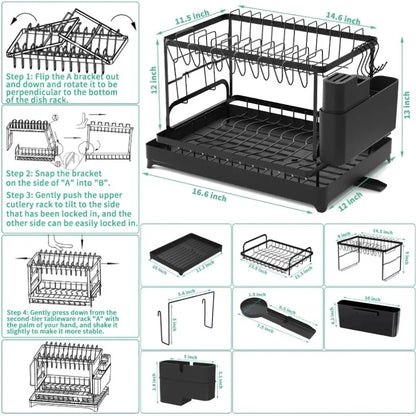 Kitchen countertop 2-tier dish drying rack, kitchen countertop dish drainer with drip tray, metal kitchen dish rack with drip tr