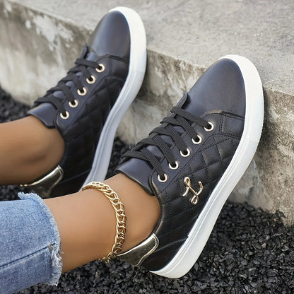 Fashion Lightweight Women's Sneakers - Black, White and Gold Embellished, Lace-Up Low-Top Casual Shoes for All Seasons
