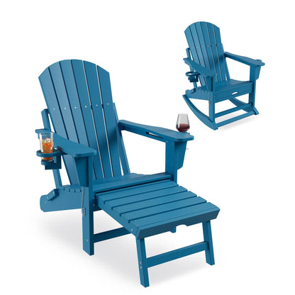 Rocking Chairs Folding  With Footrest, Adirondack RockingChair Outdoor With Retractable Ottoman and Cup Holder