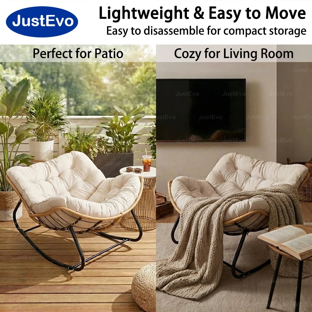 JustEvo Cloud-Like Comfortable Rocking Chair with Extra-Soft Pillow - Outdoor Rattan Garden Furniture for Reading and Relaxation, 4 Petal Support, Modern White Patio Chair.