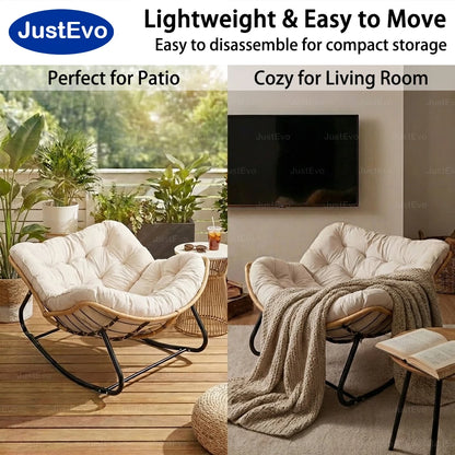 JustEvo Cloud-Like Comfortable Rocking Chair with Extra-Soft Pillow - Outdoor Rattan Garden Furniture for Reading and Relaxation, 4 Petal Support, Modern White Patio Chair.