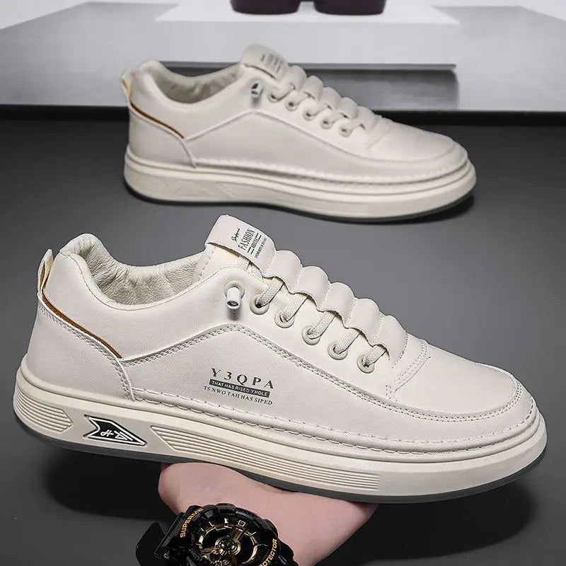Men's White Platform Sneakers 2026 Autumn Breathable PU Thick Sole Casual Daily Streetwear Korean Style Footwear