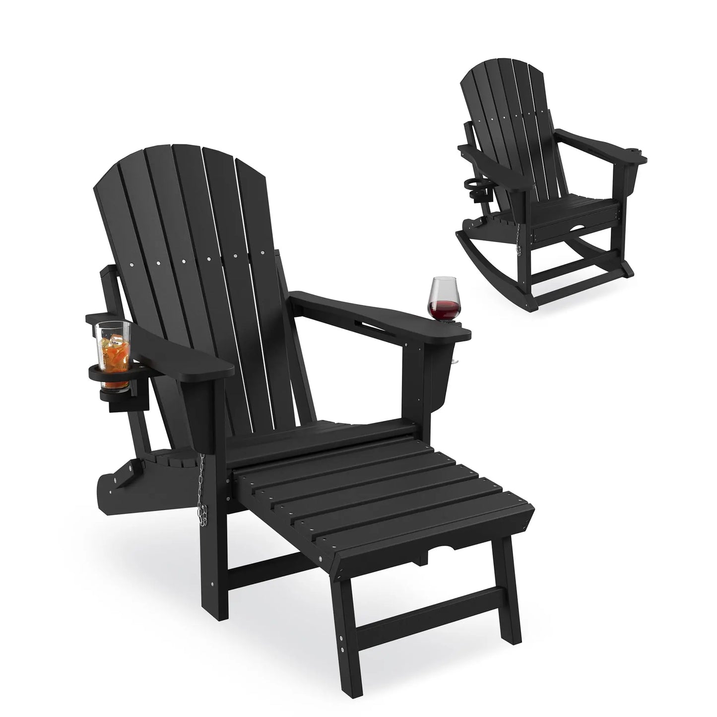Rocking Chairs Folding  With Footrest, Adirondack RockingChair Outdoor With Retractable Ottoman and Cup Holder