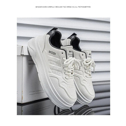 2026 Summer Men's White Platform Sneakers Leather Casual Shoes Thick Sole Streetwear Trendy Footwear