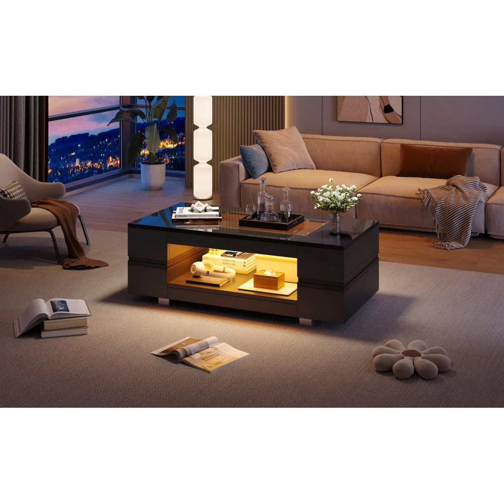 100cm Black LED Coffee Table APP Adjustable RGB Lights Tempered High Gloss Glass Top MDF Frame Storage Cutout Table 30KG Load for Living Room Home Party