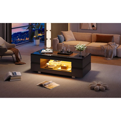 100cm Black LED Coffee Table APP Adjustable RGB Lights Tempered High Gloss Glass Top MDF Frame Storage Cutout Table 30KG Load for Living Room Home Party