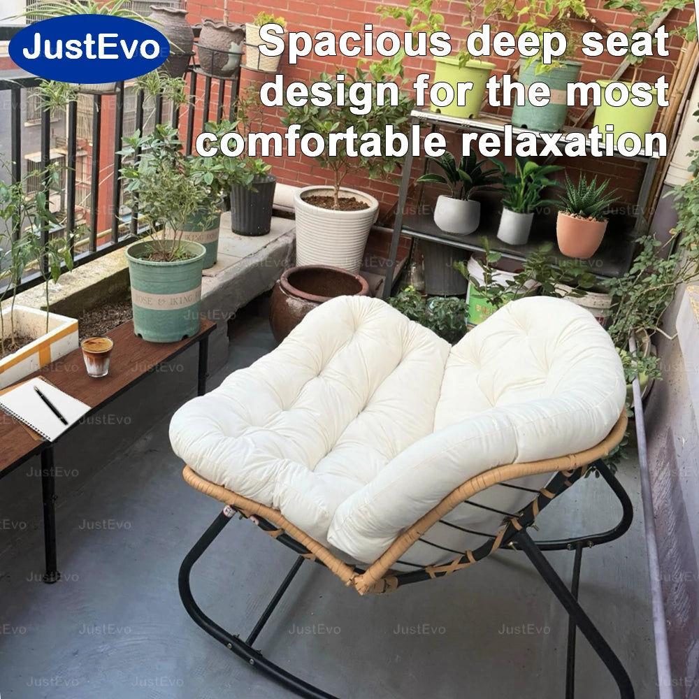 JustEvo Cloud-Like Comfortable Rocking Chair with Extra-Soft Pillow - Outdoor Rattan Garden Furniture for Reading and Relaxation, 4 Petal Support, Modern White Patio Chair.