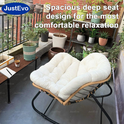JustEvo Cloud-Like Comfortable Rocking Chair with Extra-Soft Pillow - Outdoor Rattan Garden Furniture for Reading and Relaxation, 4 Petal Support, Modern White Patio Chair.