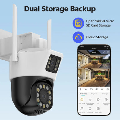 ANNKE 3+3MP Dual-Lens PT Security Camera Wireless WiFi Outdoor IP Camera with Two-Way Audio Human Detection, Auto Tracking, Dual-Color Night Vision, Red & Blue Light Alarm, IP66 Waterproof