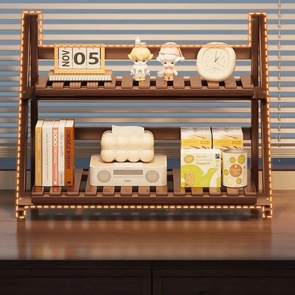 Double-layer Multifunctional Desktop Storage Rack Staircase-shaped Bamboo Storage Rack with Guard Strips Kitchen Storage Rack