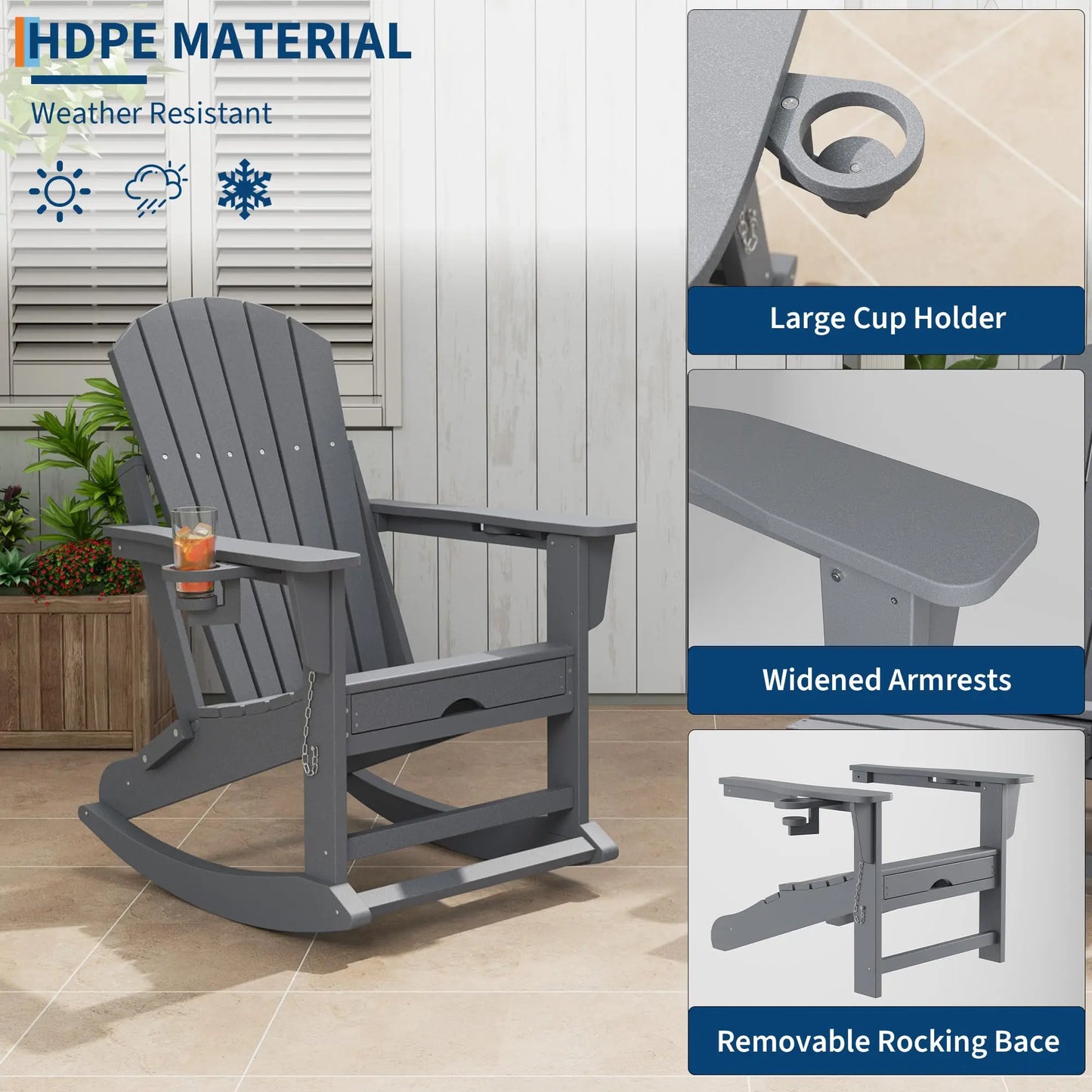 Rocking Chairs Folding  With Footrest, Adirondack RockingChair Outdoor With Retractable Ottoman and Cup Holder