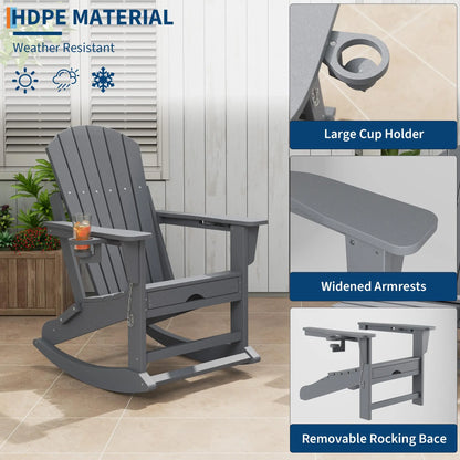 Rocking Chairs Folding  With Footrest, Adirondack RockingChair Outdoor With Retractable Ottoman and Cup Holder