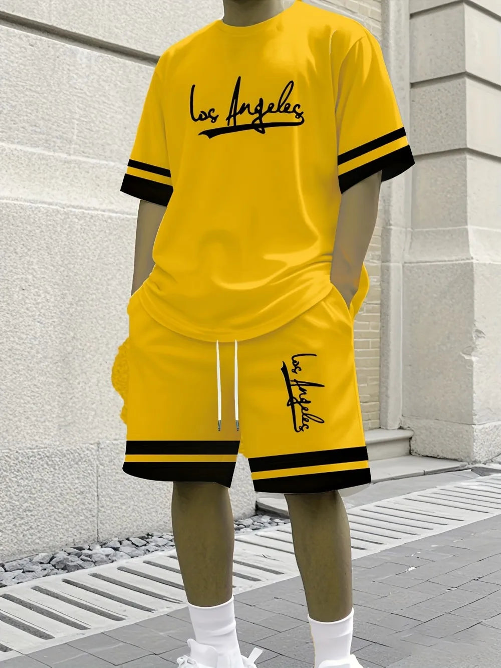 New Men's Summer Gothic Letter Printed Comfortable Breathable Round Neck T-shirt Drawstring Shorts Set Outdoor Casual Wear