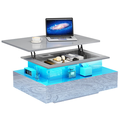 High Gloss Coffee Table with LED Strip, Lift Top, 2 Drawers & Storage, Modern Wooden Rectangle Table for Living Room