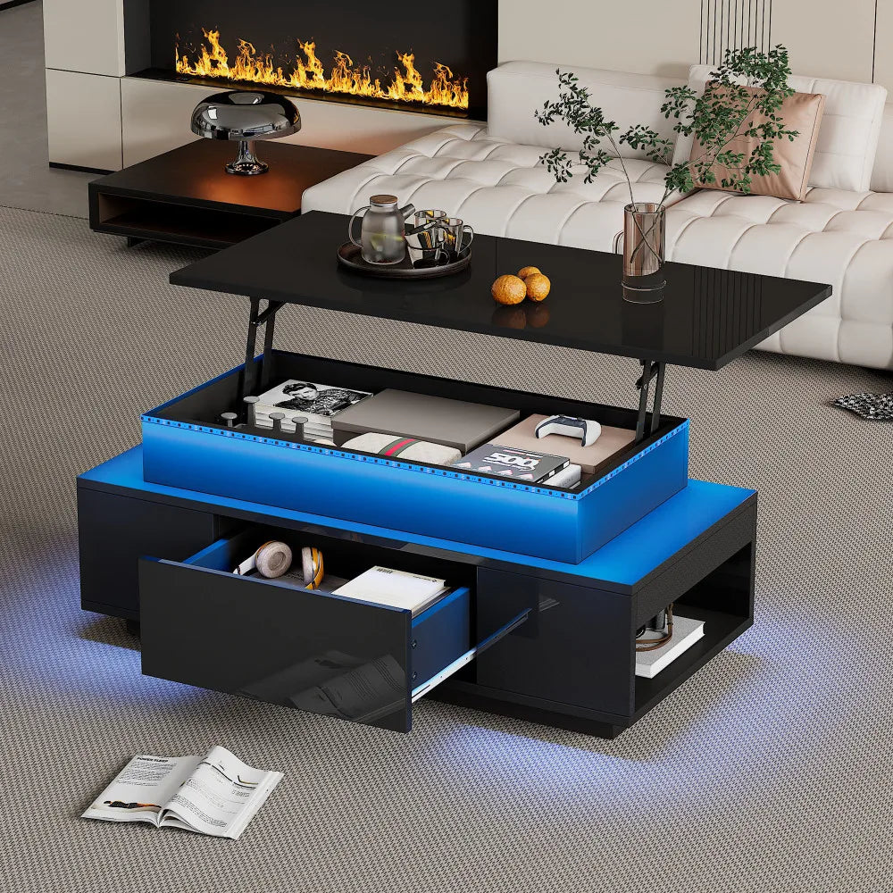 Lift-Top Coffee Table, Highgloss Centre Table with 1 drawers & LED lights, Hidden storage space, Tea Table,96*45*40m, black