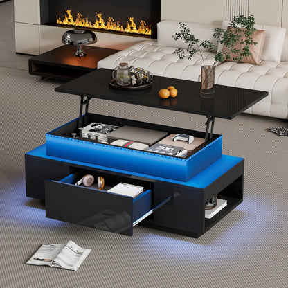 Lift-Top Coffee Table, Highgloss Centre Table with 1 drawers & LED lights, Hidden storage space, Tea Table,96*45*40m, black