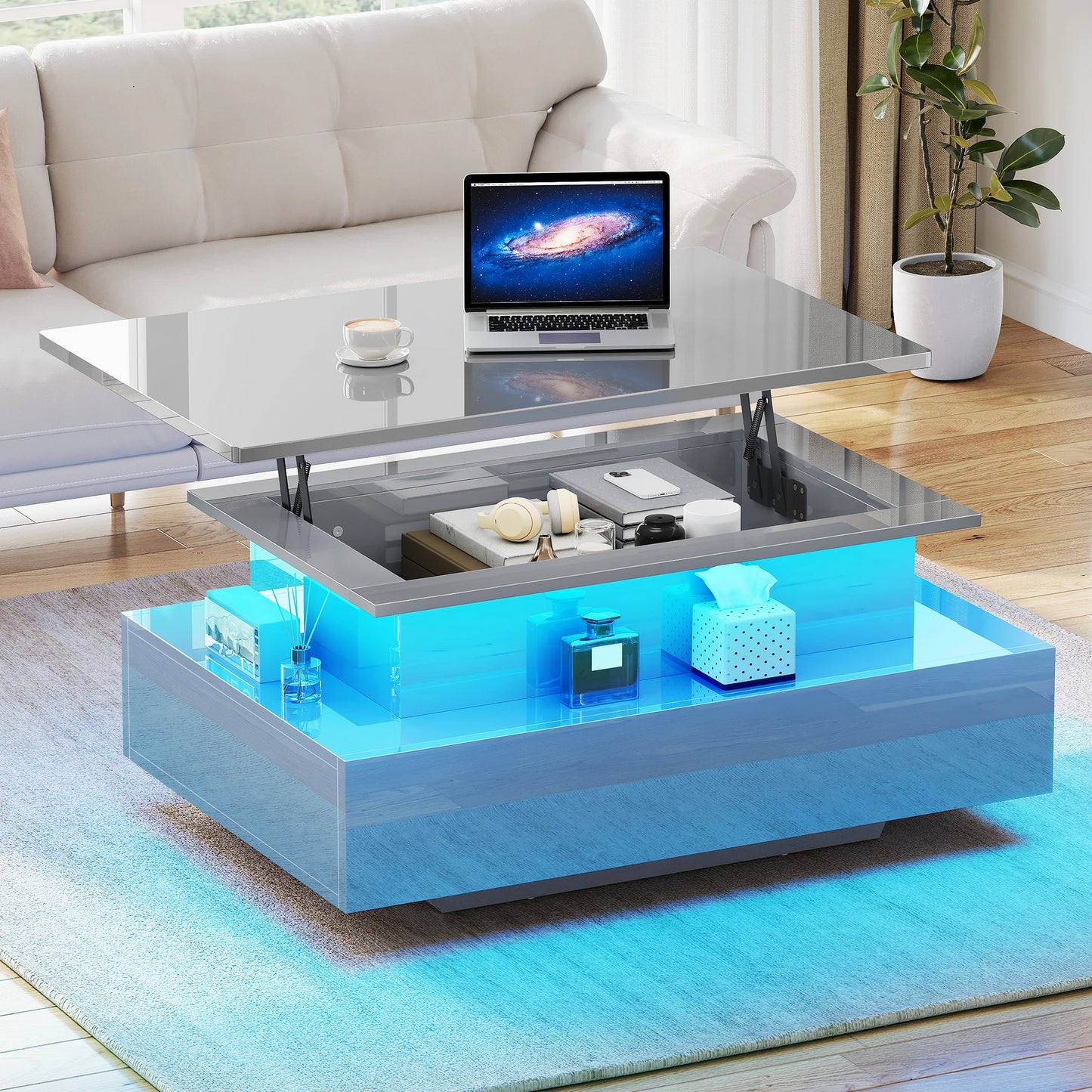 High Gloss Coffee Table with LED Strip, Lift Top, 2 Drawers & Storage, Modern Wooden Rectangle Table for Living Room