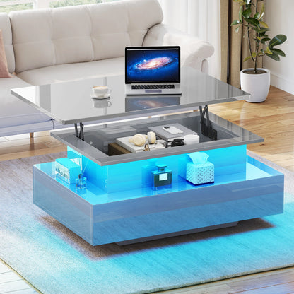 High Gloss Coffee Table with LED Strip, Lift Top, 2 Drawers & Storage, Modern Wooden Rectangle Table for Living Room