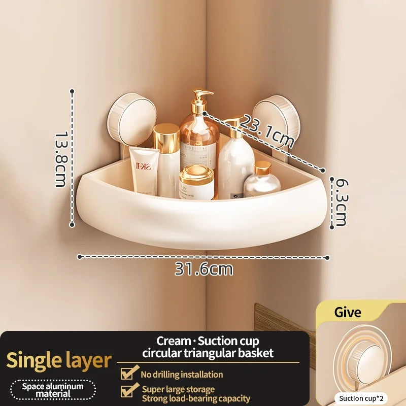 Wall-Mounted Suction Cup Bathroom Corner Storage Shelf – No-Drill Triangle Organizer Rack for Shower, Toilet & Washstand