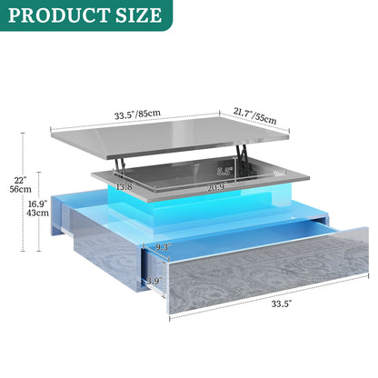 High Gloss Coffee Table with LED Strip, Lift Top, 2 Drawers & Storage, Modern Wooden Rectangle Table for Living Room