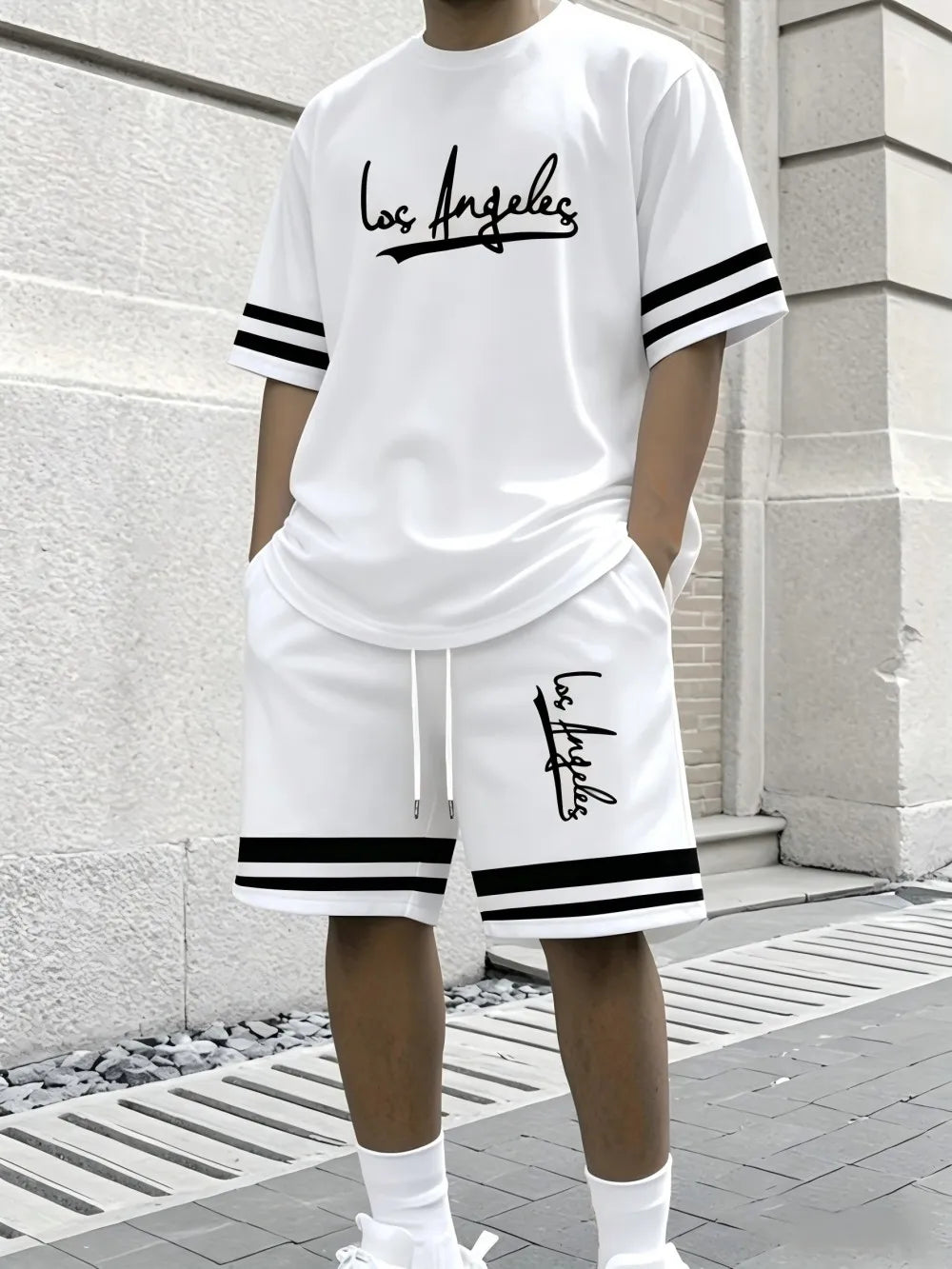 New Men's Summer Gothic Letter Printed Comfortable Breathable Round Neck T-shirt Drawstring Shorts Set Outdoor Casual Wear