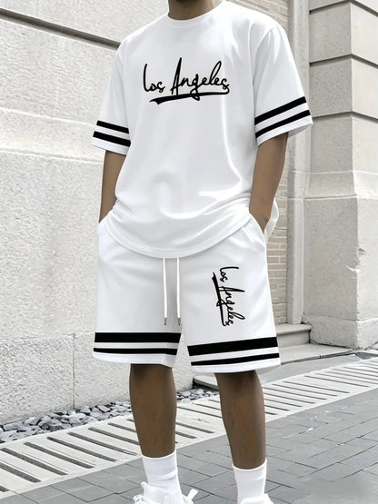 New Men's Summer Gothic Letter Printed Comfortable Breathable Round Neck T-shirt Drawstring Shorts Set Outdoor Casual Wear