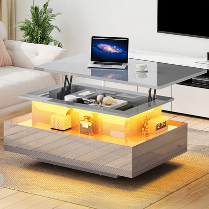 High Gloss Coffee Table with LED Strip, Lift Top, 2 Drawers & Storage, Modern Wooden Rectangle Table for Living Room