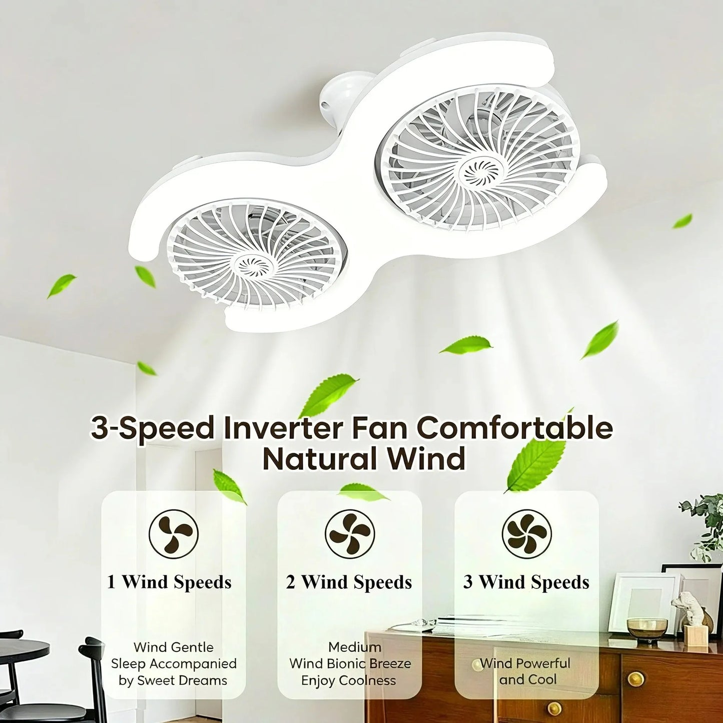 Double Head E27 Ceiling Fan Light with Remote Control Adjustable Angle and Silent Design Suitable for Bedrooms and Living Rooms