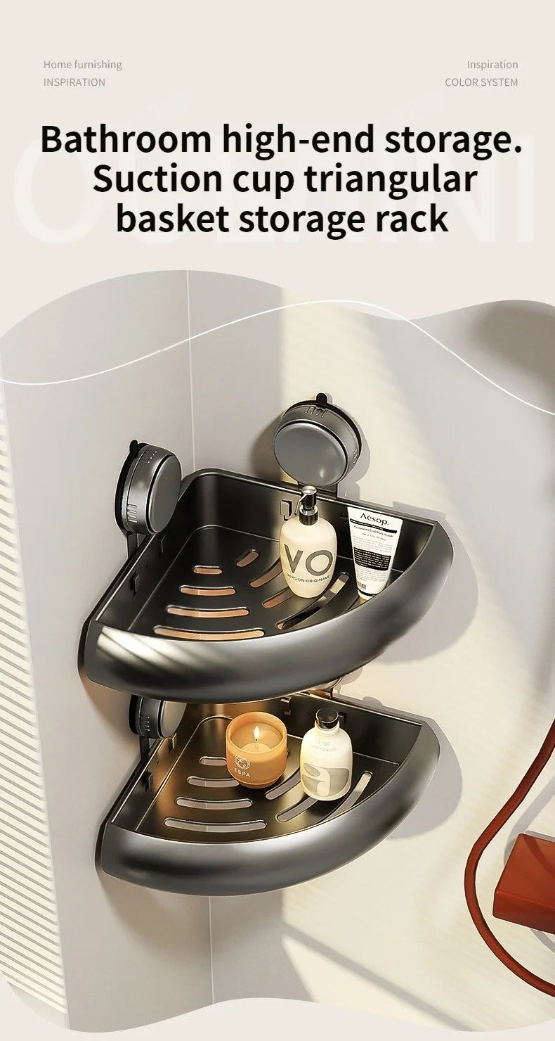 Wall-Mounted Suction Cup Bathroom Corner Storage Shelf – No-Drill Triangle Organizer Rack for Shower, Toilet & Washstand