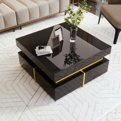 Modern Square High Gloss Coffee Table Decorated with Golden Details, Luxury Coffee Table with Two Storage Drawers, Sturdy Compact Living Room Center Table 70cm