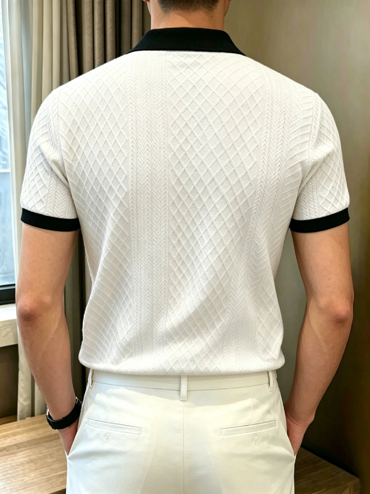 Men's Mature Business Contrast Collar Diamond Jacquard Short Sleeve Polo, Ribbed Collar, 2-Button Placket for Office Commute & B