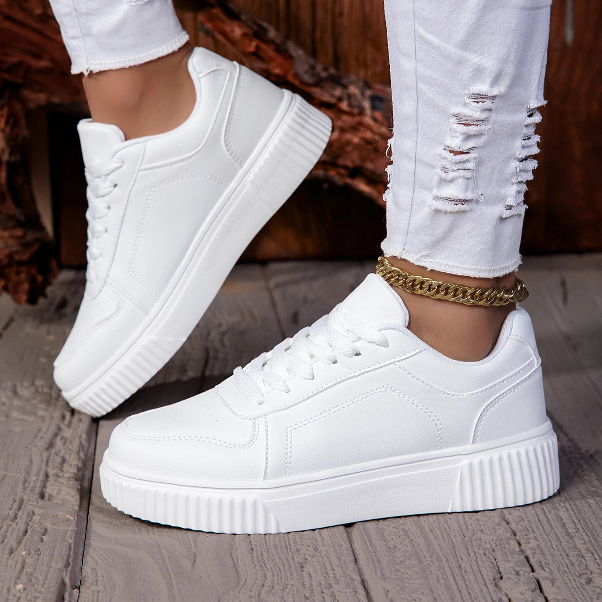 ZERJER Unisex Sneakers, New Arrival Large Size Classic Retro Men's Sports Skate Shoes, White Thick-Soled Tennis Shoes, Solid Col